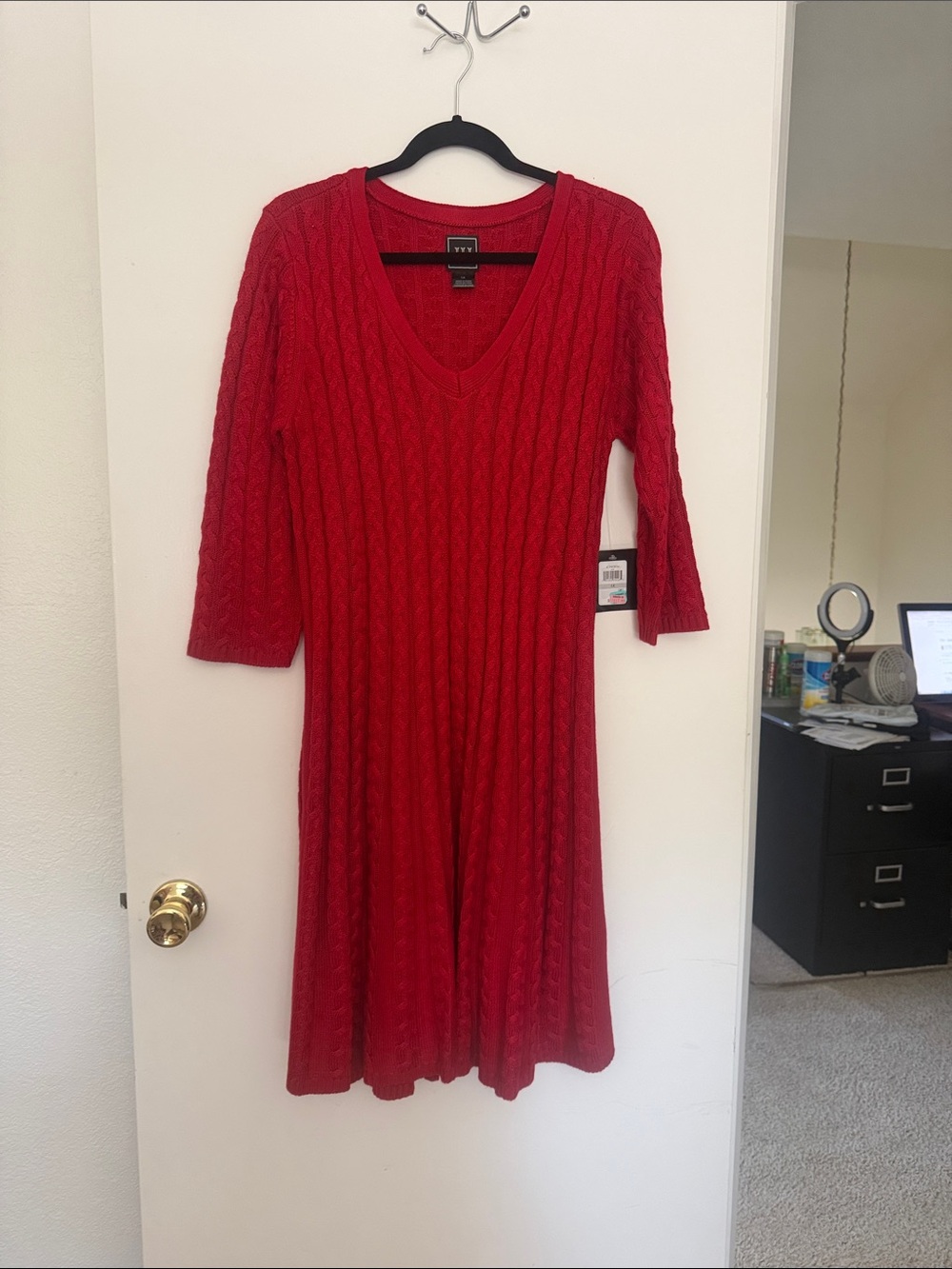 JH Collectibles Red Cable-Knit V-Neck Long Sleeve Dress